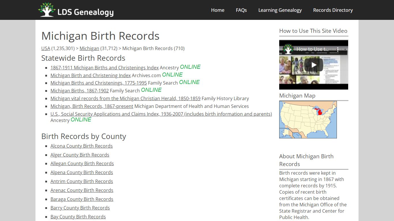 Michigan Birth Records - LDS Genealogy